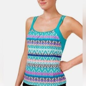 Go Gossip Womens Aqua Aztec Print Layered Cut Out Tankini Swimsuit Top Size XL